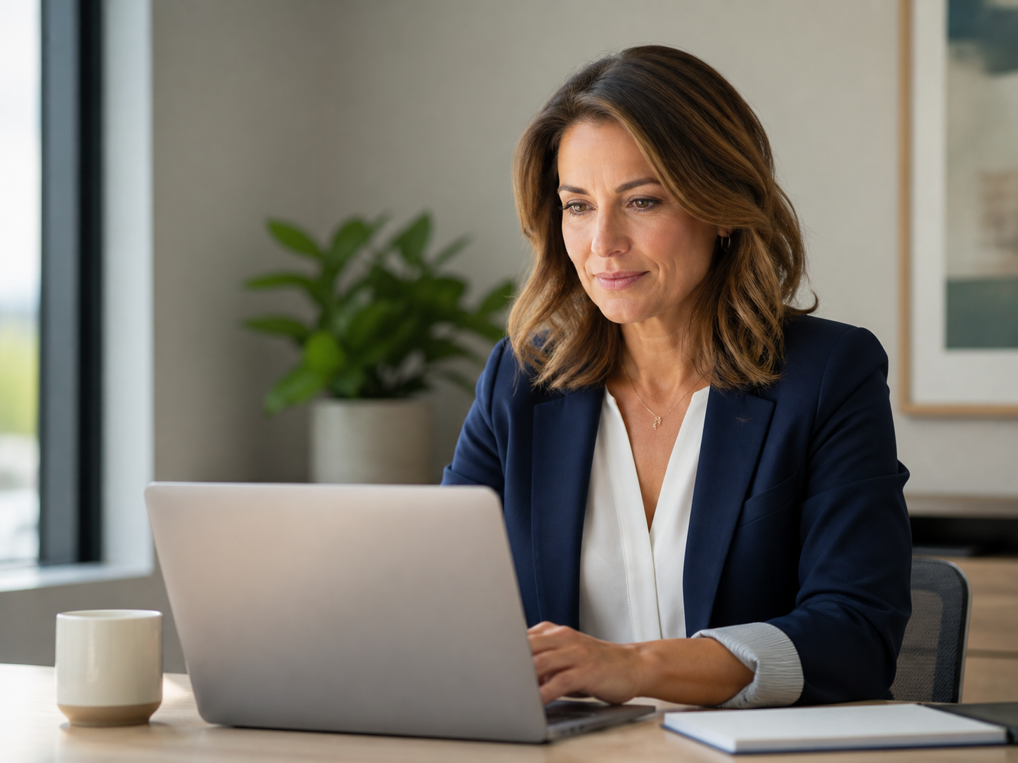 A benefits broker reviewing client coverage at her desk